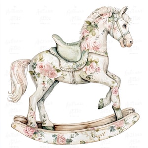 10 clipart vintage de cavalo de balanço floral – brinquedo de carrossel pintado à mão em aquarela com rosas para artesanato digital, imagens de scrapbook e muito mais