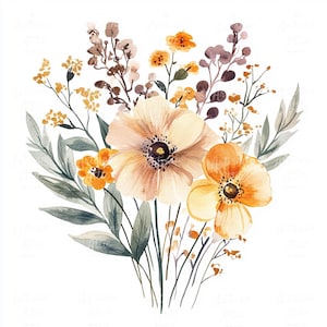 12 bouquets de fleurs bohèmes aquarelles avec des coquelicots orange et jaunes, de la verdure et des couleurs de fond douces pour un art inspiré de la nature de style bohème