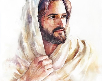 May include: A watercolor painting of a man with a beard, wearing a white robe. He is looking off to the side, and his expression is thoughtful.