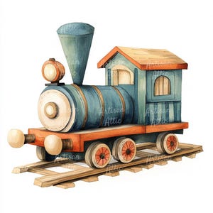 Könnte beinhalten: Aquarell-Illustration einer Spielzeugeisenbahn auf Holzschienen. Der Zug hat einen blauen Körper mit orangefarbenen und goldenen Akzenten, einen konischen Schornstein und eine kleine Kabine. Die Räder sind rot und der Zug ist vor einem weißen Hintergrund.