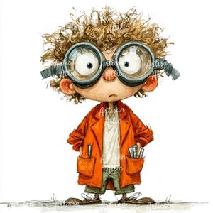 May include: A whimsical illustration of a cartoon character wearing oversized goggles and an orange lab coat. The character has curly brown hair and is standing with a slightly concerned expression. The lab coat pockets hold pens and pencils. The image has the text "Artisan Attic".