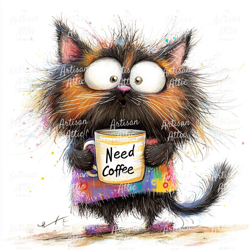 Funny Sleepy Cat Watercolor Clipart, Need Coffee Mug (JPG Download, 10 ...