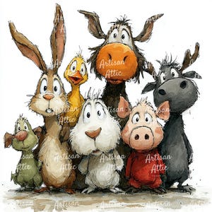 Può includere: Illustrazione ad acquerello di un gruppo di animali dei cartoni animati, tra cui un coniglio, un'anatra, un alce, un maiale e altri. Gli animali hanno occhi espressivi e sono in posa amichevole. L'opera d'arte ha uno stile stravagante.