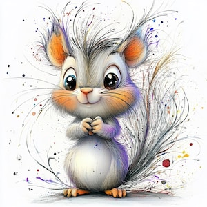 13 Cute Watercolor Squirrel Clipart PNG, Fluffy Cartoon Forest Animal, Woodland Baby Squirrel Illustration, Digital Download for Stickers
