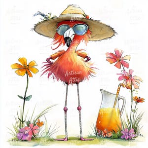 May include: Watercolor illustration of a flamingo wearing sunglasses and a straw hat. The flamingo is orange and pink, with long legs and a yellow shirt. A pitcher of juice and flowers are in the background. The text "Artisan Attic" is visible.