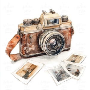 May include: Watercolor illustration of a vintage camera with a brown leather strap and several printed photographs. The camera has a brown body, silver lens, and tan top. The photographs show people and scenes.