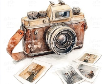 Vintage Camera Watercolor Clipart, Retro Photo Prints (Digital, 12 Images)