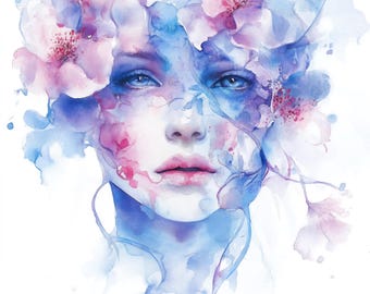 幻想的な水彩画の女性の肖像画 - ピンクと紫の花のクリップアート