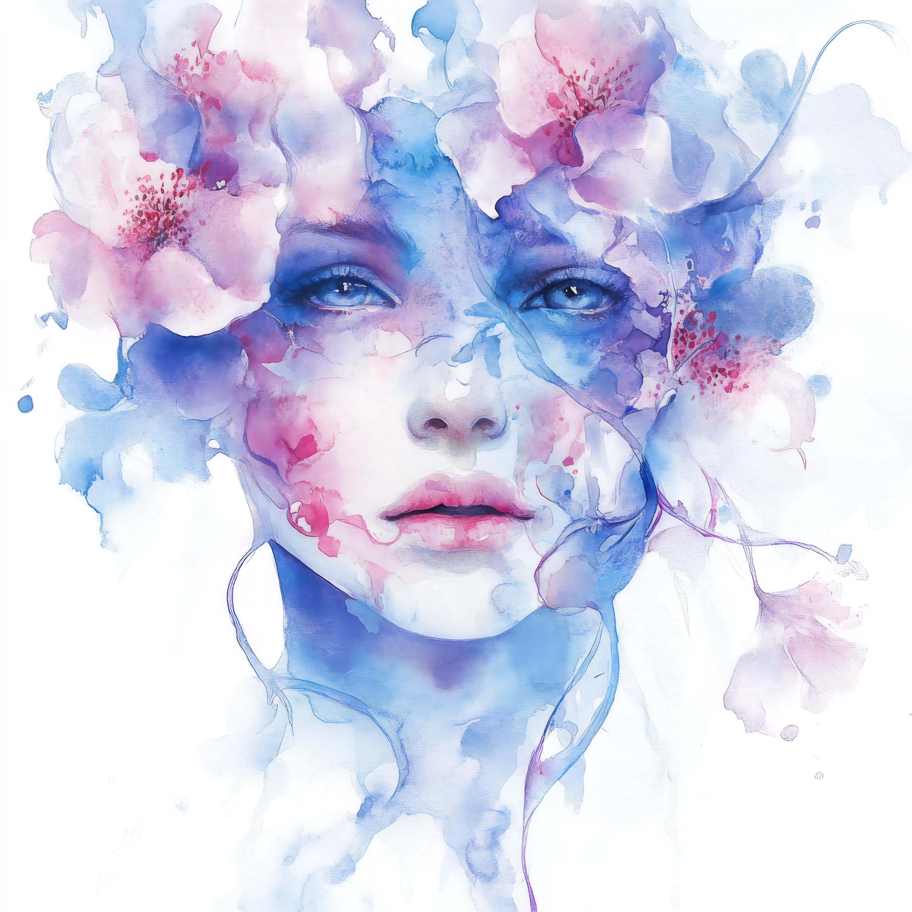幻想的な水彩画の女性の肖像画 - ピンクと紫の花のクリップアート