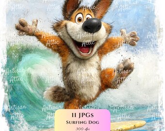 Surfing Dog Illustration: Happy Puppy Beach Waves (Digital Download, 11 Images)