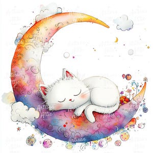 10 Süße schlafende Katze auf Mond Aquarell Clipart für digitale Clipart png Download, perfekt für Scrapbook-Bilder, Basteln, Kinderzimmer-Kunst oder Dekor