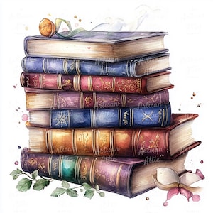 12 Aquarell Bücher Clipart, Stapel Antikbücher, Verzauberte Buch Illustration, digitale Kunst für Buchliebhaber, Vintage Buch Clipart