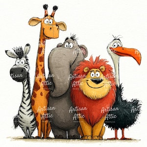 May include: A colourful illustration featuring a zebra, giraffe, elephant, lion, and ostrich. The giraffe has orange and brown markings. The lion has a red mane, and the ostrich has a large orange beak. The animals are smiling.