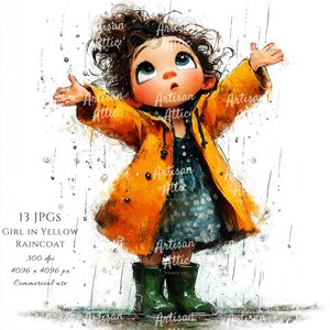 Op de afbeelding: Waterverfillustratie van een jong meisje in een gele regenjas en groene regenlaarzen, met haar armen uitgestrekt in de regen. Het meisje draagt een blauwe bloemenjurk. De afbeelding bevat tekst: "GIRL IN YELLOW RAINCOAT" en "Commercial use."