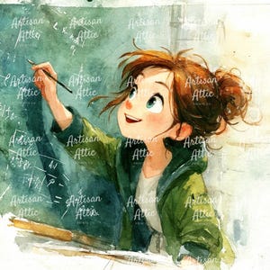 以下が含まれることがあります： 黒板に書いている女の子の水彩イラスト。彼女は緑色のジャケットを着て、上を見上げて微笑んでいます。黒板には数式と「Artisan Attic Prints Co.」の文字が書かれています。
