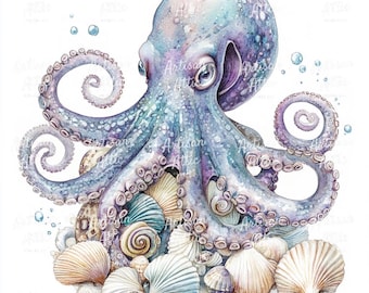 Purple Octopus Watercolor Clipart, Nautical Seashells (JPG, 11 Images)