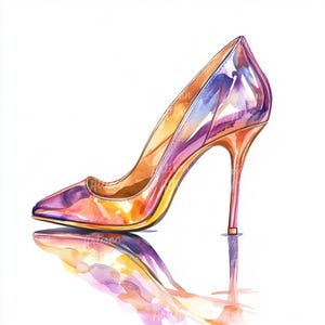 12 imágenes prediseñadas de tacones iridiscentes / Ilustración de zapatos en acuarela / Descarga digital de moda / Arte elegante de zapatos / Imágenes prediseñadas de glamour para decoración de moda