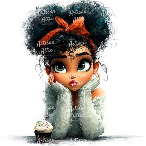 Könnte beinhalten: Illustration eines jungen Mädchens mit dunklem, lockigem Haar, einer roten Schleife und einem hellgrauen Pullover. Sie hat große blaue Augen und stützt ihr Kinn auf ihre Hände. Ein Cupcake mit bunten Streuseln liegt vor ihr. Der Text "Artisan Attic" ist sichtbar.