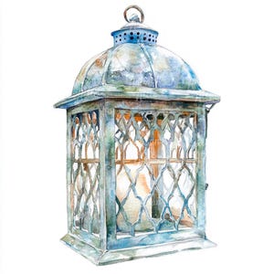 12 Watercolor Lantern with Candle Clipart, Vintage Lantern with Flickering Candle, Cozy Lighting Clipart, Rustic Lantern Illustration