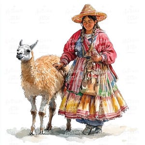 May include: Watercolor illustration of a person in traditional Andean clothing with a llama. The person wears a red jacket, a straw hat, and a colorful skirt. The llama has light brown fur.