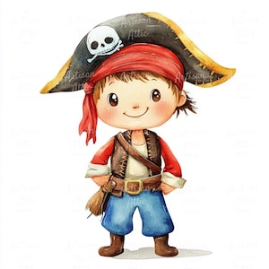 12 Watercolor Cartoon Pirate Clipart, Kid Pirate Illustration, Digital Crafting, Pirate Party Decor, Scrapbooking Digital Clipart for Crafts