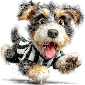 May include: A digital illustration of a small, excited dog with brown, black, and tan fur. The dog is wearing a black and white striped shirt and has its tongue sticking out. The dog is running and appears to be happy.