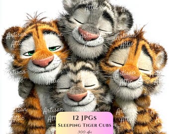 Sleeping Tiger Cubs Illustration: Adorable Wildlife Nursery Art (Digital Download, 12 Images)