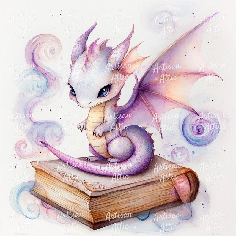Akvarelltryck av babydrake, sovande i bok (digital nedladdning, 11 bilder) bild 6