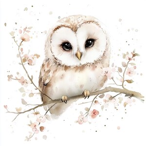 11 Aquarelle de hibou sur une branche, art mignon de hibou, illustration de hibou, art de la nature, aquarelle d'oiseau, hibou printanier, hibou floral, art d'oiseau peinture animalière