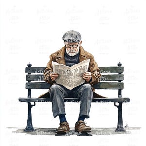 Puede incluir: Ilustración en acuarela de una persona mayor leyendo un periódico sentada en un banco de un parque. La persona lleva una gorra gris, gafas y un abrigo marrón. El banco es de color gris oscuro.