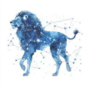 12 aquarel leeuw met sterrenbeelden, astrologische dierenriem Art Print, blauwe sterrenhemel leeuw illustratie, astrologische dierenriem decor abstracte kunst