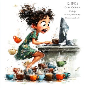 May include: A watercolour illustration depicts a girl coding, surrounded by coffee cups. She's wearing a green floral dress and has a surprised expression. The image includes the text "GIRL CODER" and "Commercial use".