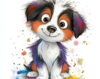 Aquarell Welpe Clipart, schwarz weiße flauschige Hund Illustration (Digitaler Download, 11 JPGS)