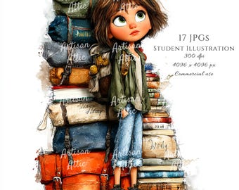 Puede incluir: Ilustración en acuarela de una persona con mochila, de pie junto a una gran pila de libros y equipaje. La imagen incluye el texto "Artisan Attic" y "Student Illustration". La paleta de colores incluye tonos de verde, marrón, naranja y azul.