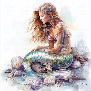 May include: Watercolor illustration of a mermaid with long, flowing blonde hair and a shimmering green and blue tail. She is seated on a rocky shore with seashells scattered around her. The mermaid wears a pink and white striped top.