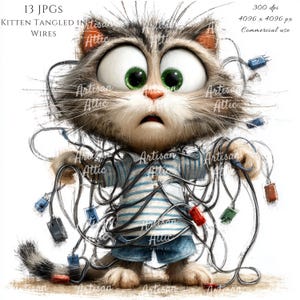 Op de afbeelding: Een digitale illustratie van een pluizig kitten met grote groene ogen, gekleed in een blauw-wit gestreept shirt en een blauwe broek, verstrikt in een wirwar van zwarte elektriciteitskabels met gekleurde stekkers. Tekst 13 JPGS KITTEN TANGLED IN WIRES.