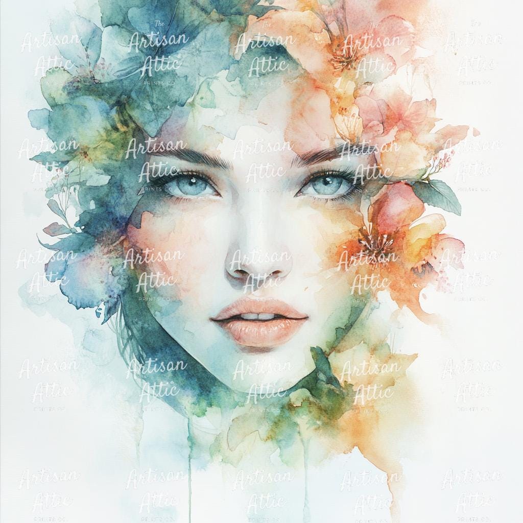 幻想的な水彩画の女性の肖像画 - ピンクと紫の花のクリップアート