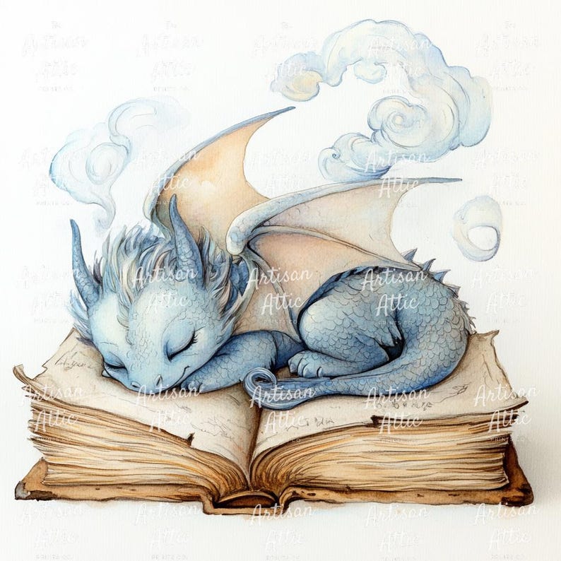 Akvarelltryck av babydrake, sovande i bok (digital nedladdning, 11 bilder) bild 3