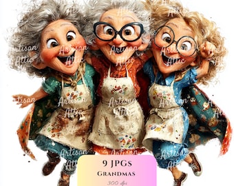 Grandmas Illustration: Cheerful Seniors Baking Aprons, Joyful Friendship Art (Digital Download, 9 Images)