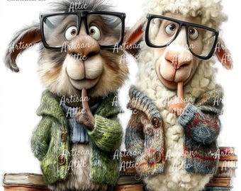Llama Sheep Librarian Illustration: Quirky Reading Animals (Digital Download, 12 Images)