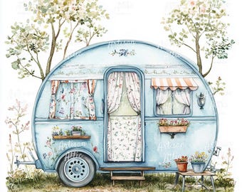 May include: Watercolor illustration of a light blue vintage camper with floral curtains and a striped awning. The camper is decorated with flowers and sits in a grassy area with trees. The text "Artisan Attic" is visible on the side of the camper.