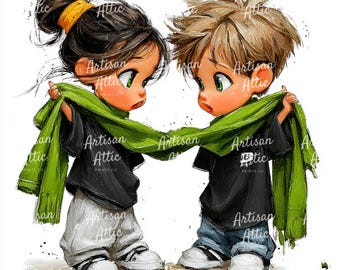Sibling Watercolor Clipart – Brother and Sister with Scarf (Image, 12 Images)
