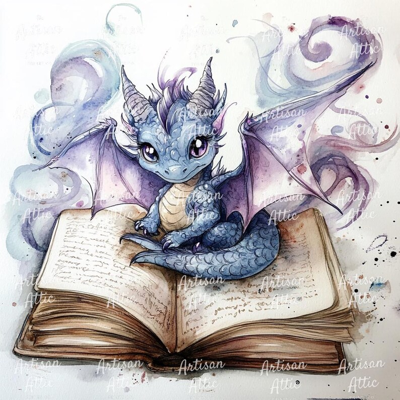 Akvarelltryck av babydrake, sovande i bok (digital nedladdning, 11 bilder) bild 8