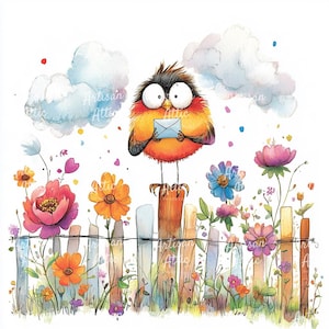 May include: Watercolor illustration of a cartoon bird holding a blue envelope, perched on a wooden fence. The bird has orange and black feathers and large eyes. Colorful flowers and clouds decorate the background. The text "Artisan Attic" is visible.