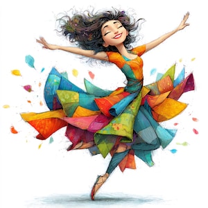 Puede incluir: Una vibrante ilustración de una figura bailando con cabello oscuro y una expresión alegre. La figura lleva un vestido de patchwork colorido con una falda fluida, zapatillas de ballet y está rodeada de formas coloridas en forma de hoja.