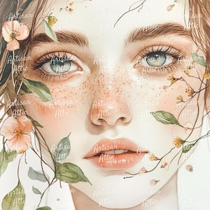 24 Sereen aquarelportret van een vrouw met bloeiende roze bloemen en zacht gesloten ogen voor vrouwelijke plakboekafbeeldingen