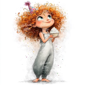 以下が含まれることがあります： 赤い巻き毛の女の子がパーティーハットとグレーのオーバーオールを着て、白いフロスティングとスプリンクルをかけたカップケーキを持っている水彩イラスト。画像には「Artisan Attic」の文字がいくつかあります。
