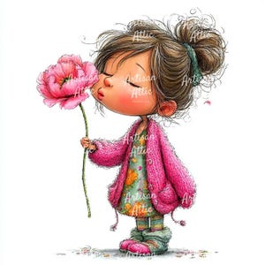 Puede incluir: Ilustración digital de una niña sosteniendo una gran flor rosa. Lleva un cárdigan rosa, un vestido floral y botas verdes y rosas. La niña tiene el pelo castaño y está soplando un beso a la flor. El texto "Artisan Attic Prints Co." es visible.