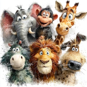 May include: A watercolour illustration featuring six cartoon animals: an elephant, monkey, giraffe, lion, donkey, and dog. The animals have large eyes and friendly expressions. The image has a white background and the text "Artisan Attic Prints Co."