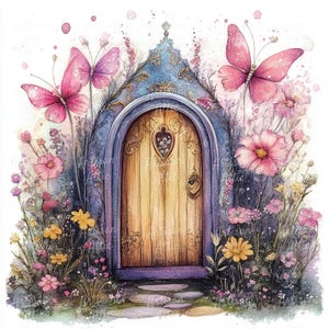 12 cliparts aquarelle porte de fée, porte fleur fantaisie avec papillons, maison de fée numérique pour travaux manuels, clipart porte magique, jardin féerique